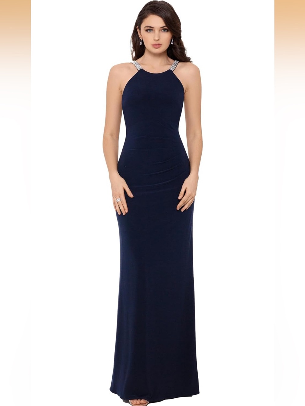 BA Nites Embellished Strap High Neck Gown In Navy